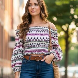 New Wrangler Retro M off the shoulder Boho peasant western Aztec stretch blouse